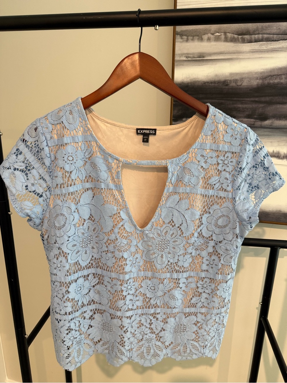 Express Women's Pale Blue Floral Lace Keyhole Blouse
